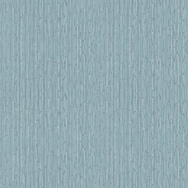 Blue-gray textured wallpaper with slim vertical bamboo-like stripes for a subtle modern accent.