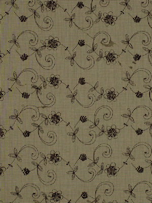 Beige fabric with brown floral scrolls and tiny grid dots; vintage damask-style print, ideal for upholstery or curtains.