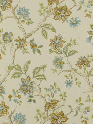 Cream drapery fabric with delicate botanical vines & flowers in blue, teal & gold.