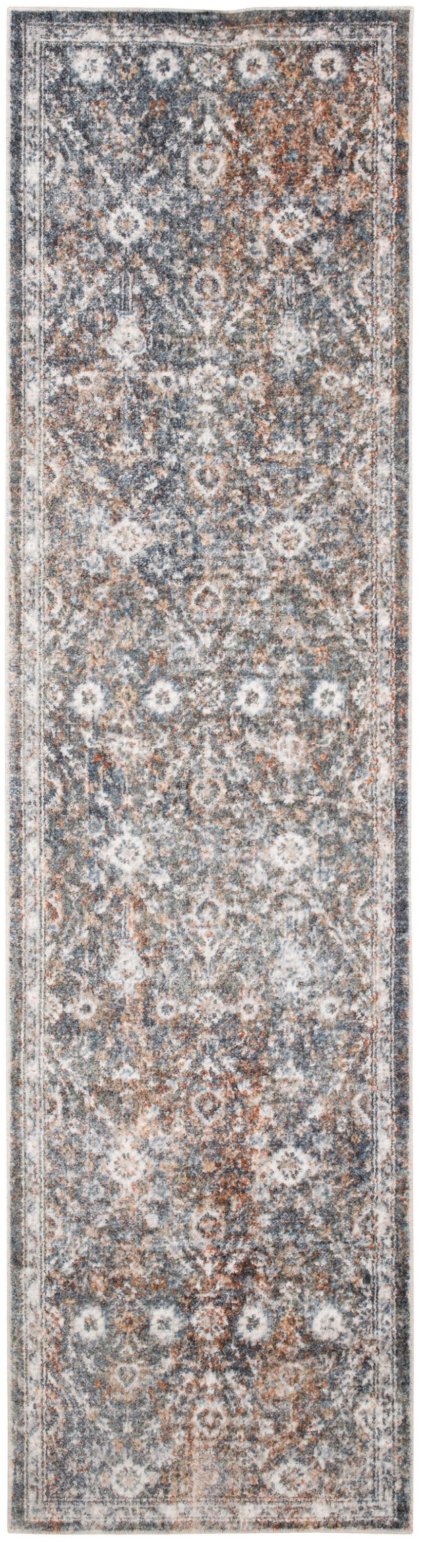 Long rectangular runner rug with traditional Persian-style medallions in grey, ivory and brown; distressed vintage look.