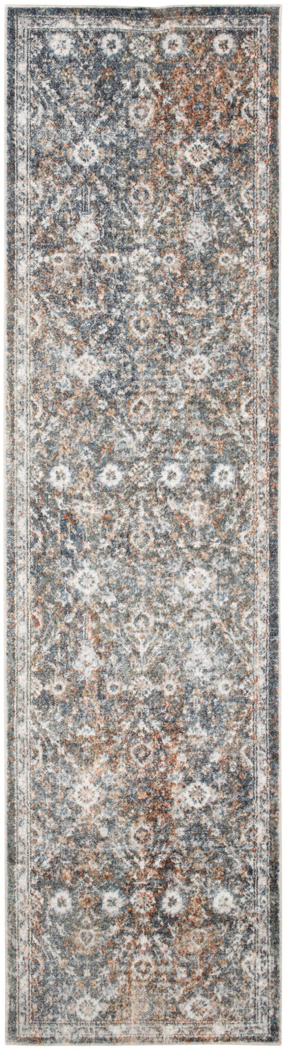 Long rectangular runner rug with traditional Persian-style medallions in grey, ivory and brown; distressed vintage look.