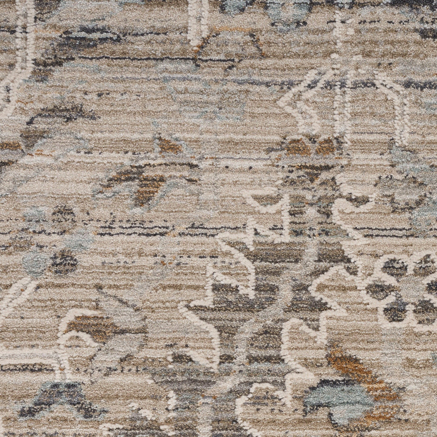 Beige distressed floral area rug with ivory, blue-gray accents; traditional oriental pattern, woven texture.