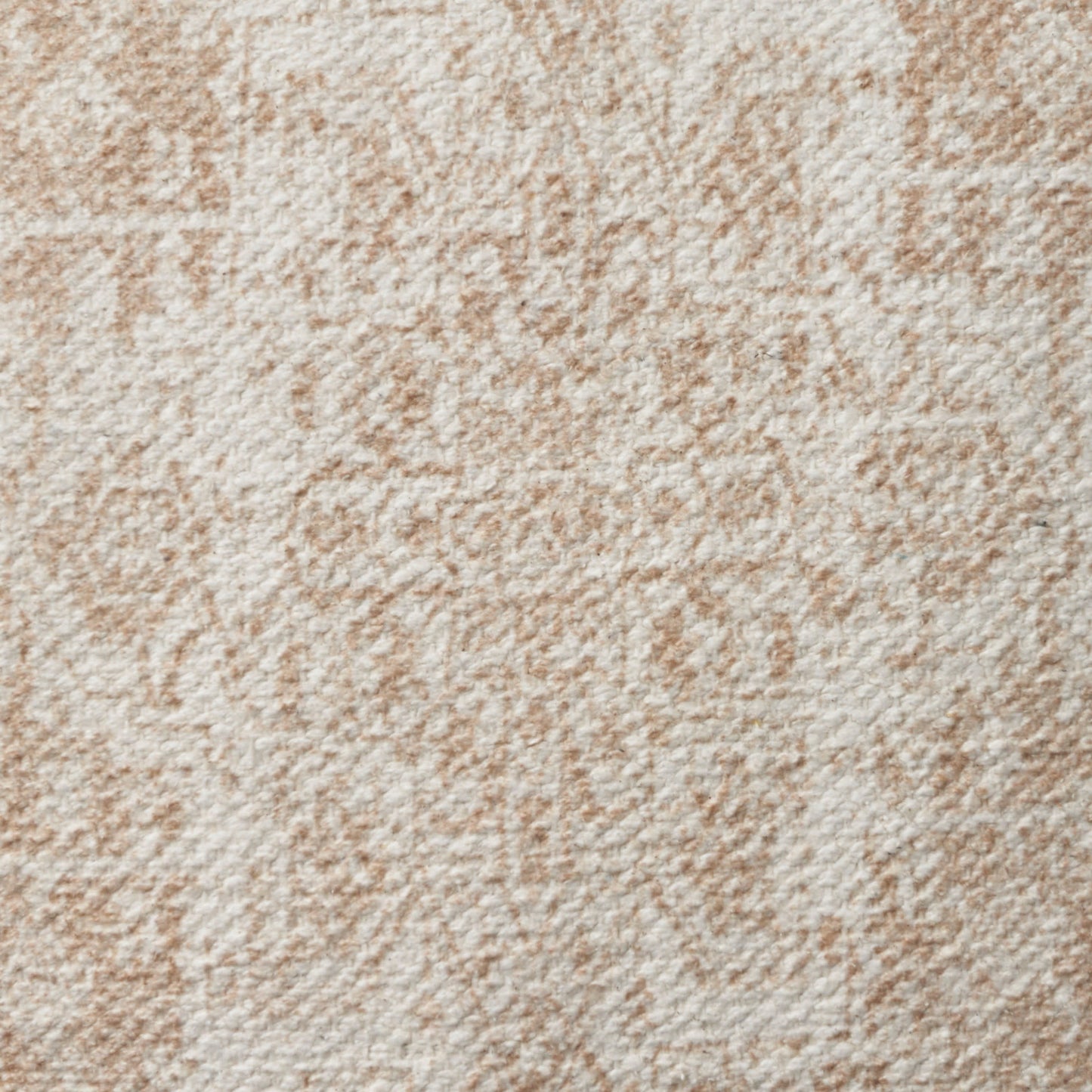 Beige damask-style rug with plush pile and subtle tan patterns.