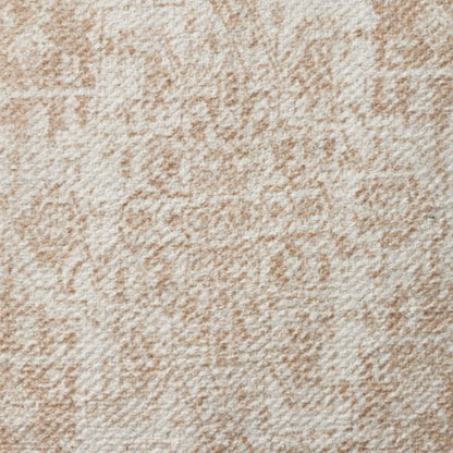 Beige damask-style rug with plush pile and subtle tan patterns.