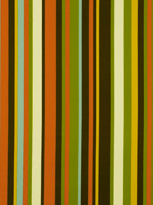 Abstract vertical stripe pattern in warm earthy tones (orange, olive, brown, lime); bold retro drapery fabric.
