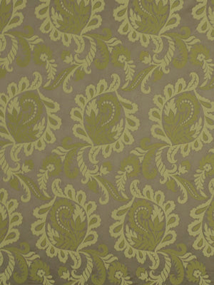 Olive damask floral wallpaper with pale yellow-green motifs on taupe background