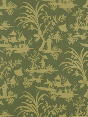 Olive green toile fabric for drapery with tan tropical scene motifs: palms, pagodas, boats & huts.