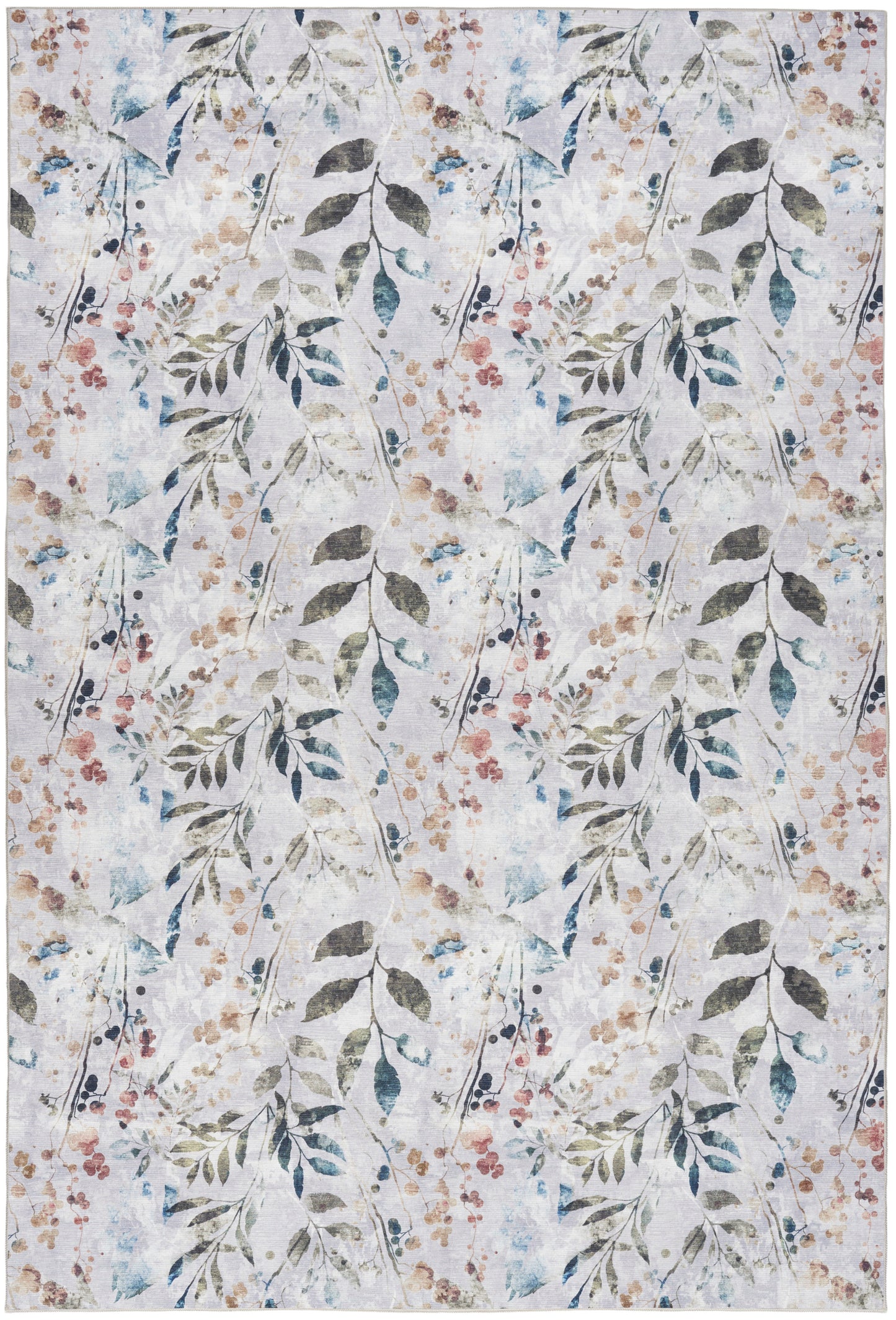 Light gray area rug with watercolor botanical vines, blue-green leaves and small pink berries.