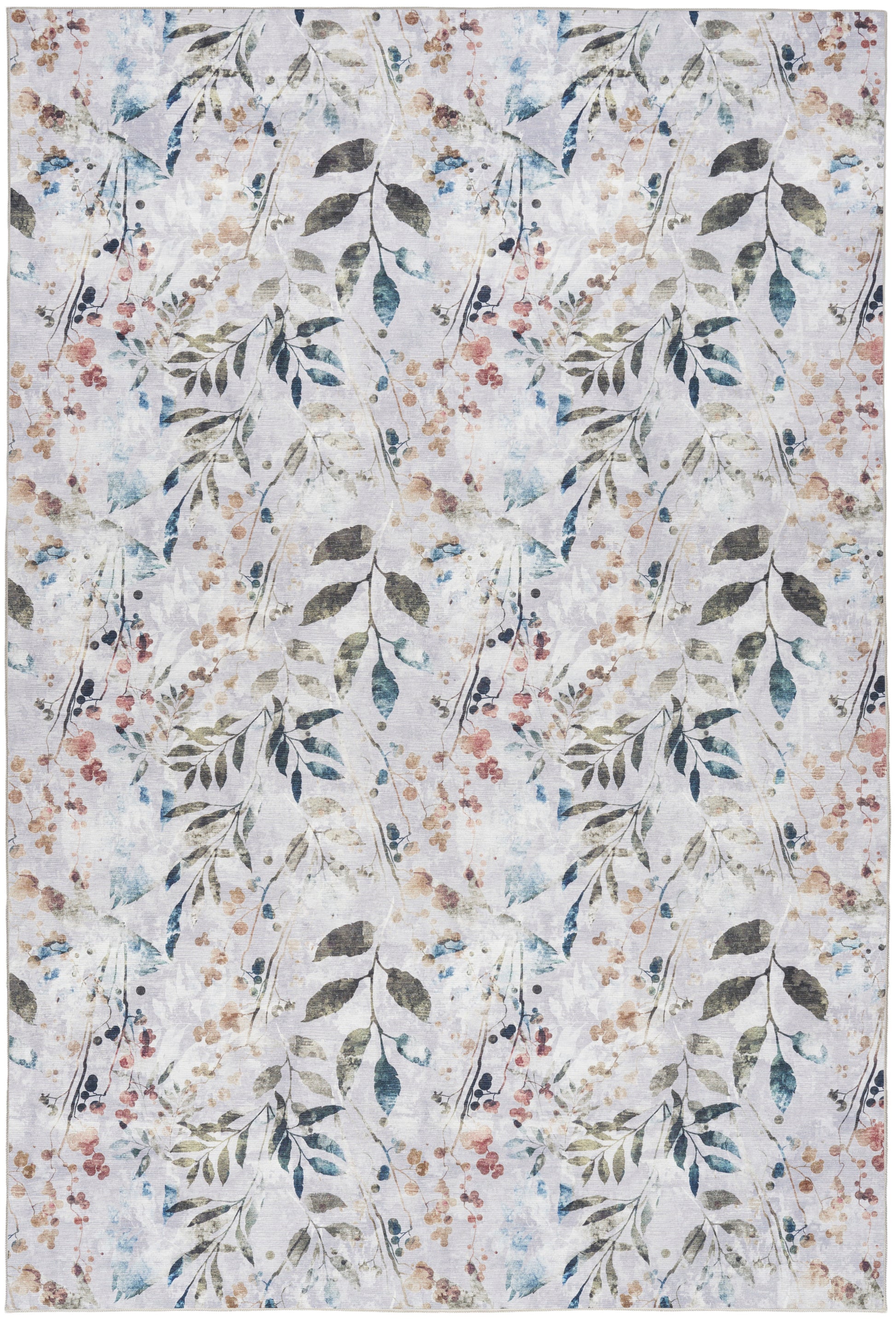 Light gray area rug with watercolor botanical vines, blue-green leaves and small pink berries.