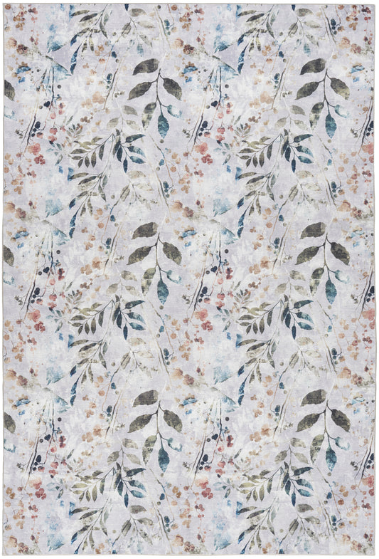 Light gray area rug with watercolor botanical vines, blue-green leaves and small pink berries.