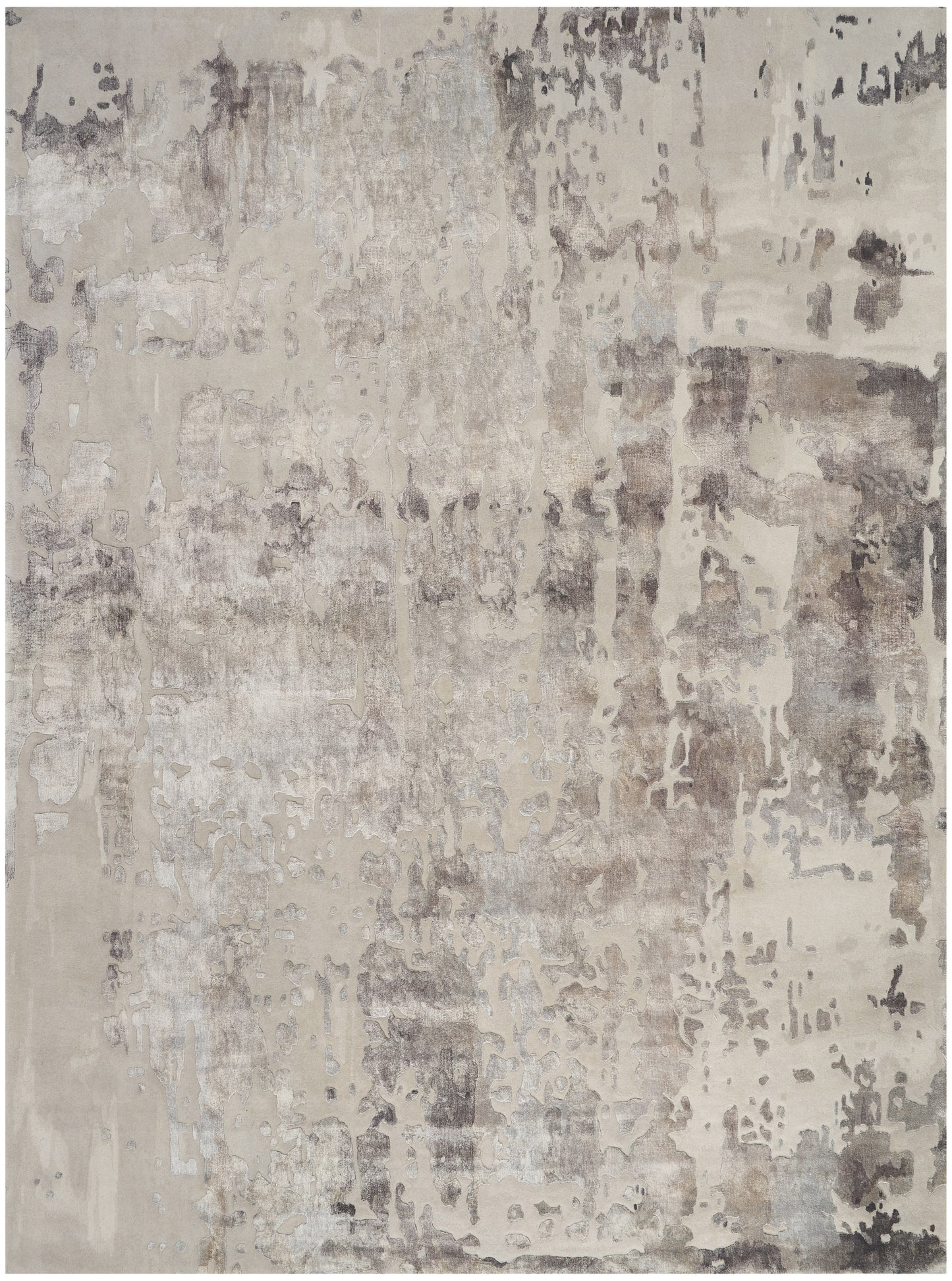 Neutral abstract rectangular area rug in beige, taupe and gray with distressed pattern; plush, modern contemporary style.