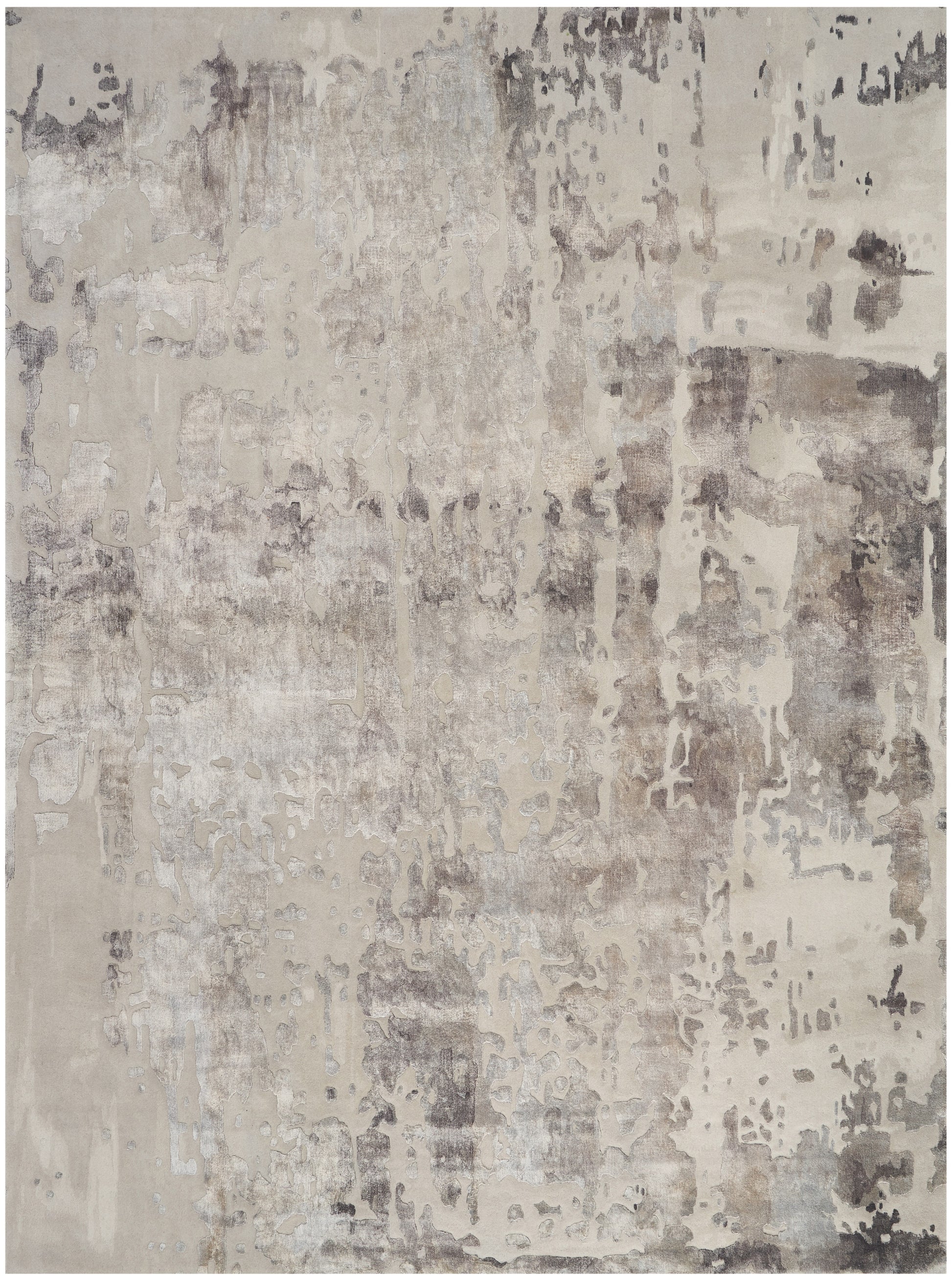 Neutral abstract rectangular area rug in beige, taupe and gray with distressed pattern; plush, modern contemporary style.