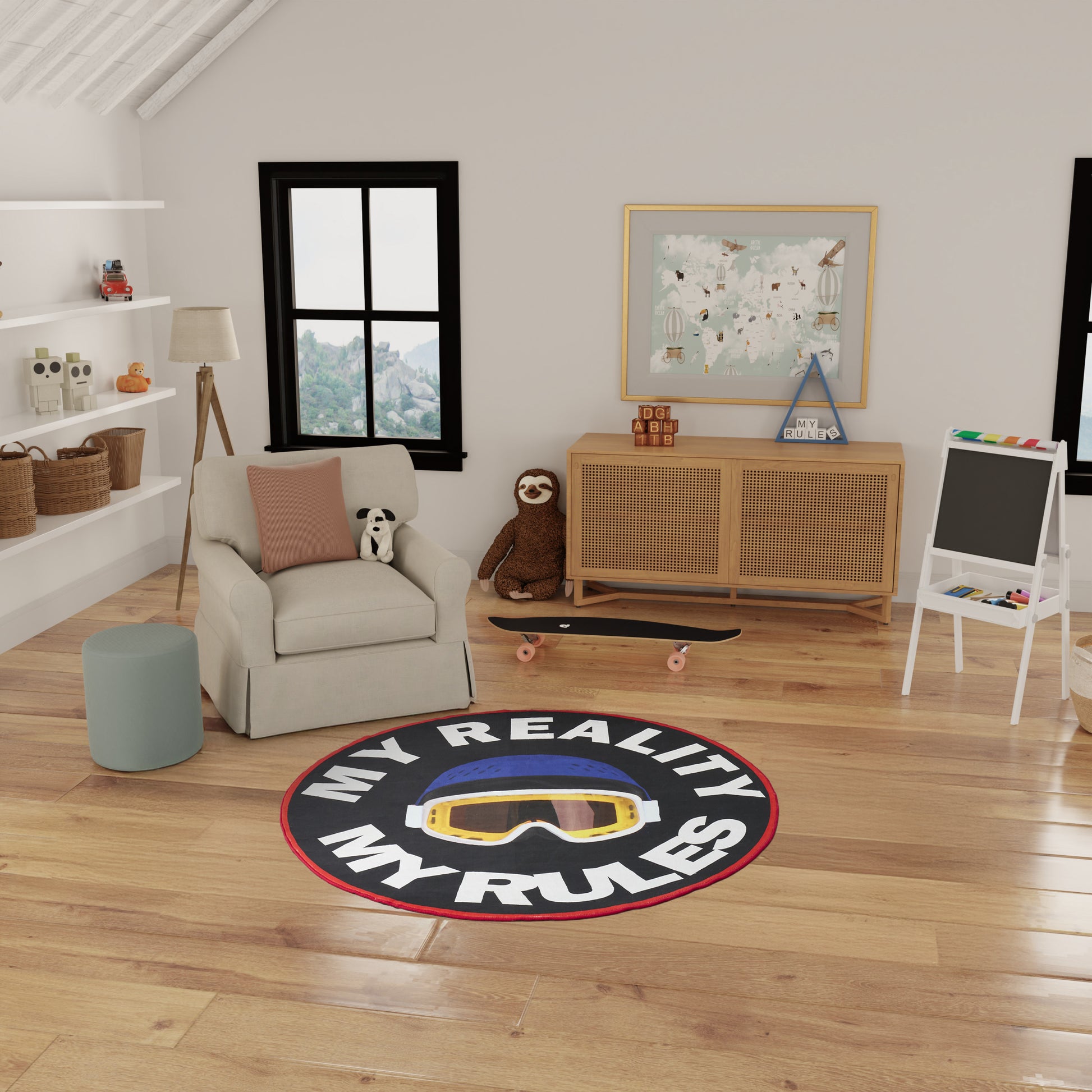 Cozy kids' playroom with beige armchair, pastel pillow, panda plush, skateboard, and a 5' round rug reading MY REALITY MY RULES.