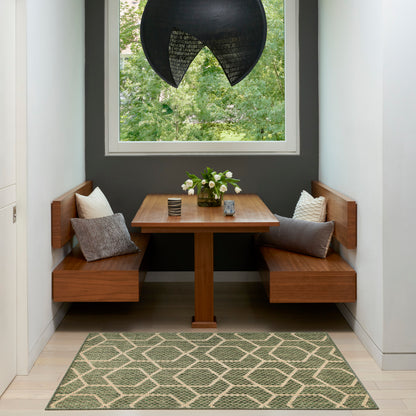 Geometric green rug (3' x 5') on the floor.