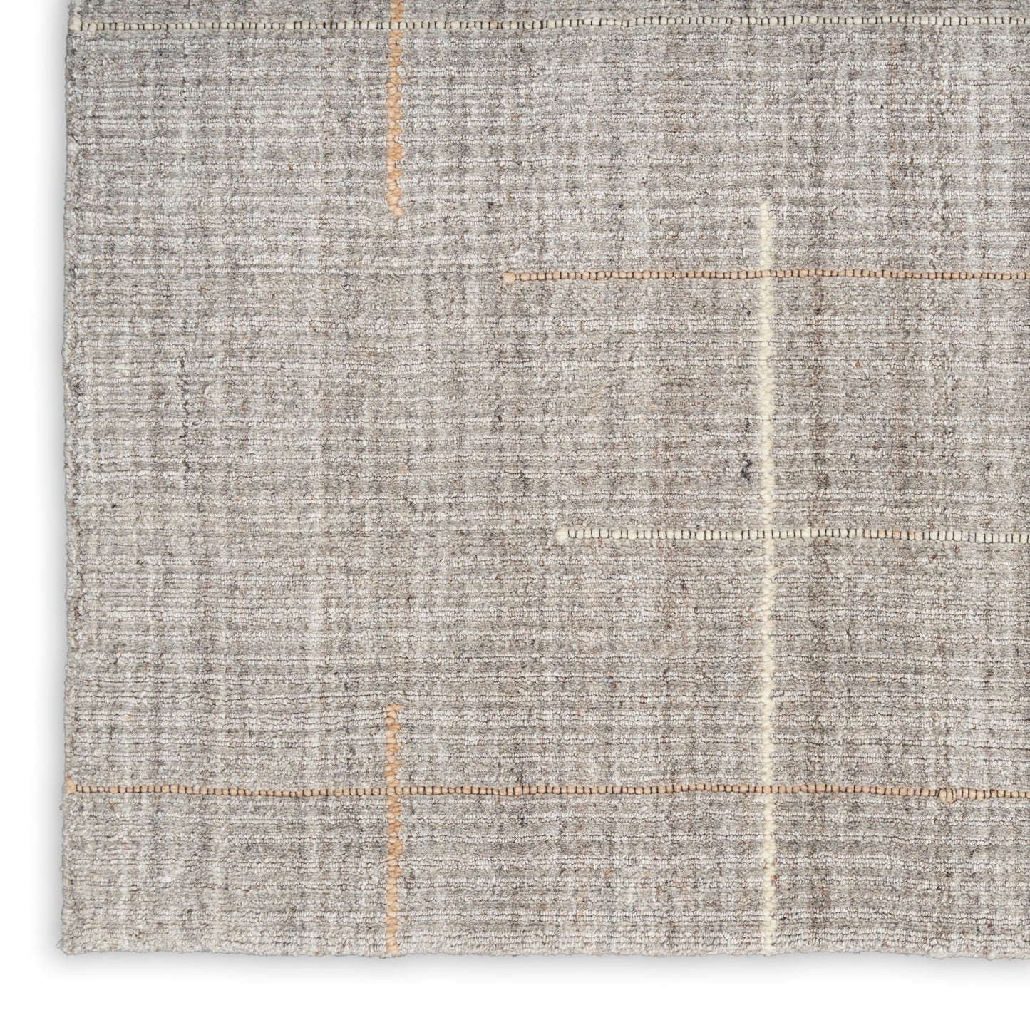 Rectangular light gray woven rug with orange stitched grid lines; soft textured, low-pile modern look.