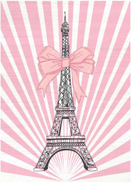 Pink background with white sunburst rays, black line-drawn Eiffel Tower wrapped with a large pink bow.