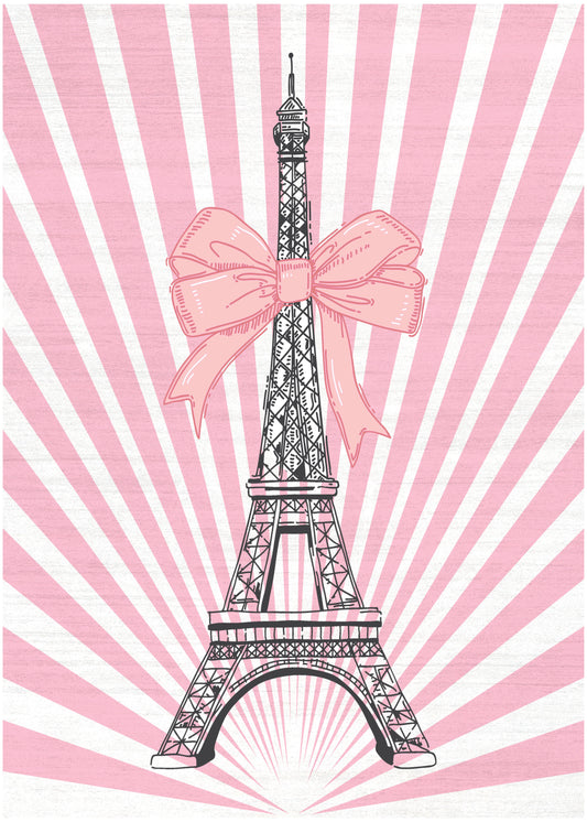 Pink background with white sunburst rays, black line-drawn Eiffel Tower wrapped with a large pink bow.