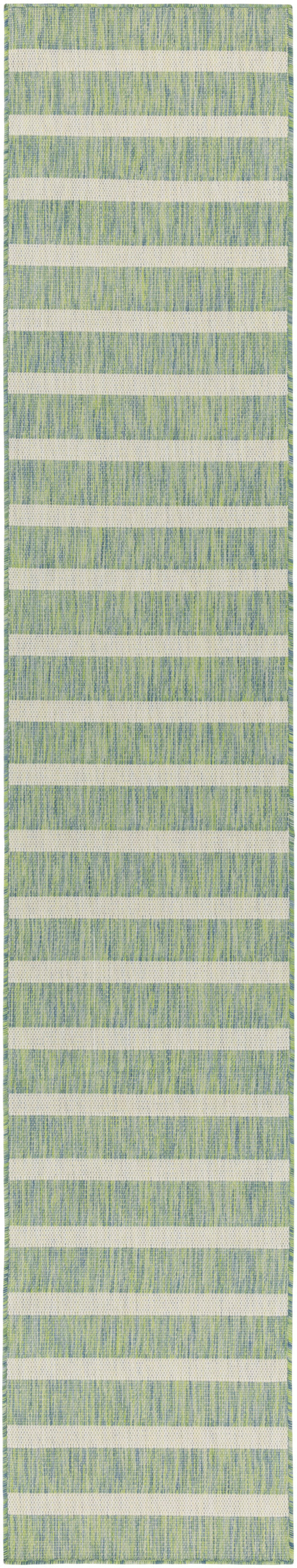 Long green-blue textured rug runner featuring wide cream horizontal stripes for a modern geometric look.
