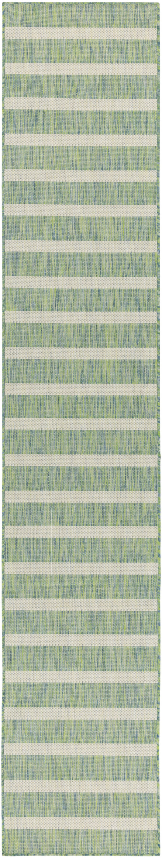 Long green-blue textured rug runner featuring wide cream horizontal stripes for a modern geometric look.
