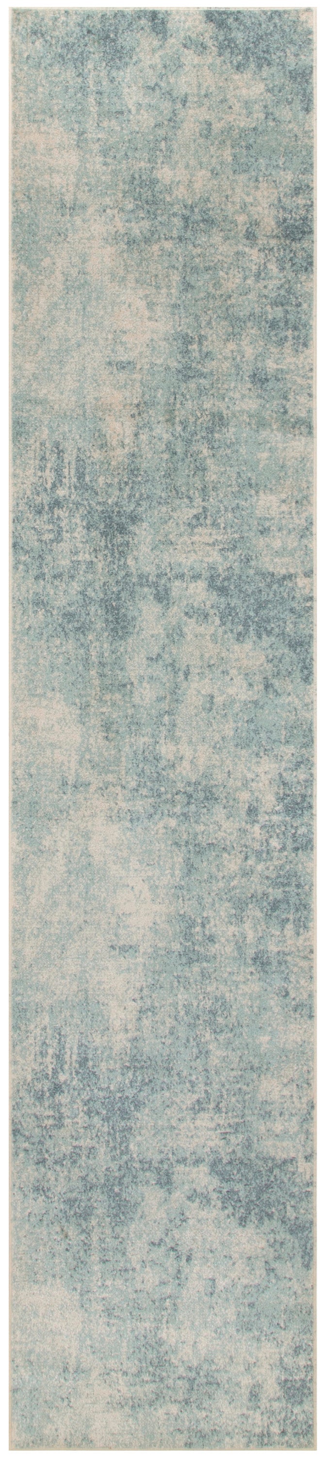 Blue and beige distressed rug runner with vintage washed texture; narrow, long hallway rug.