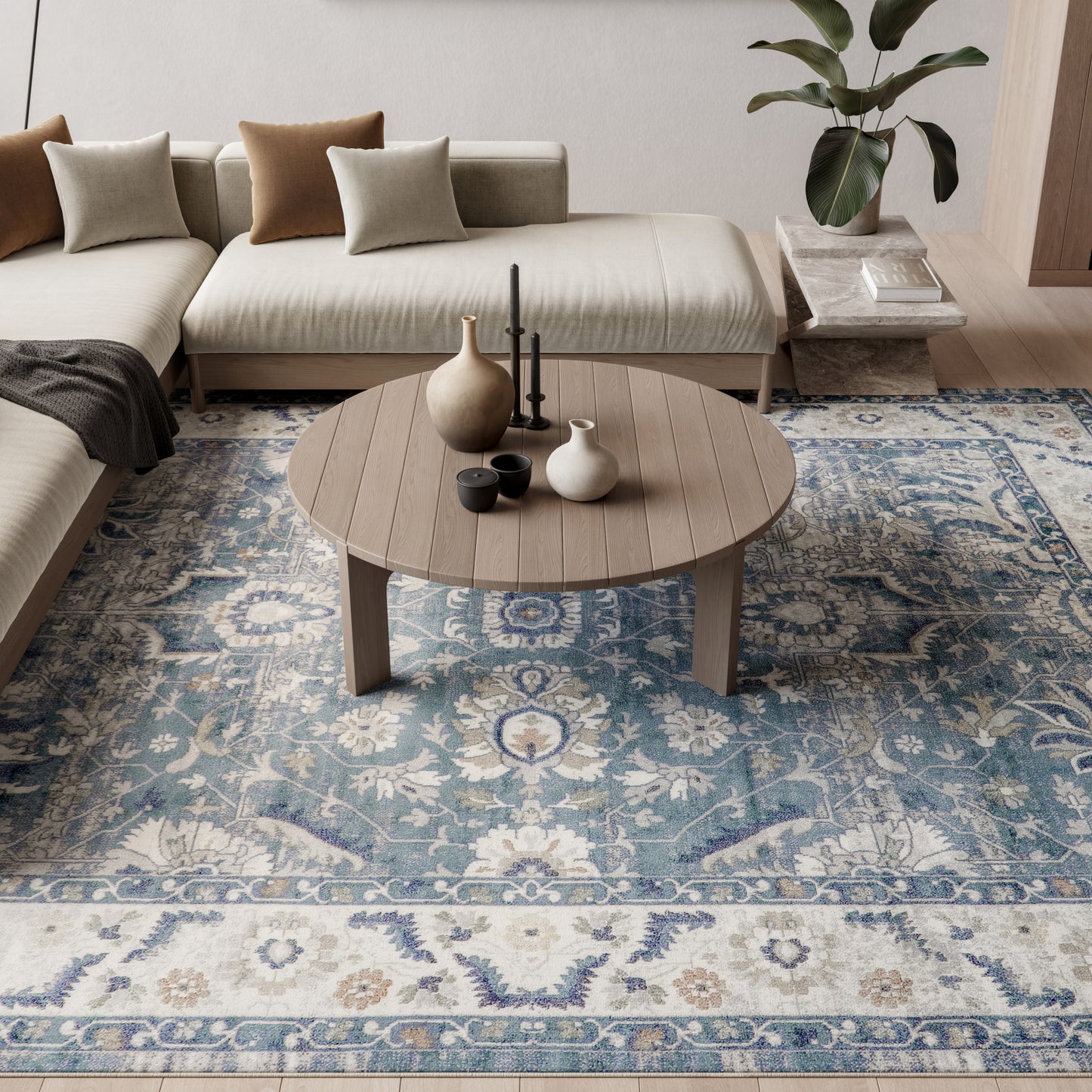 Nourison Astra Denim 8x10 machine-washable area rug with distressed Persian pattern in denim, grey and ivory — low pile and easy care for everyday home use.