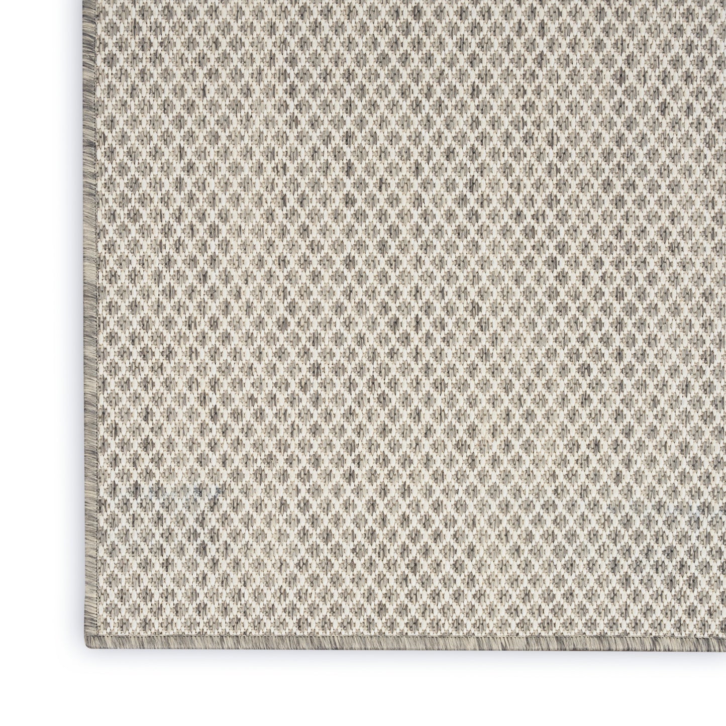 Beige woven area rug with cream tassel fringe along the edge.