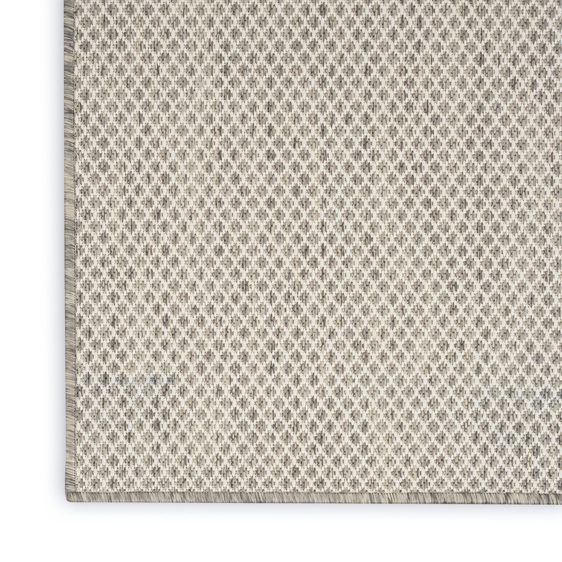Beige woven area rug with cream tassel fringe along the edge.
