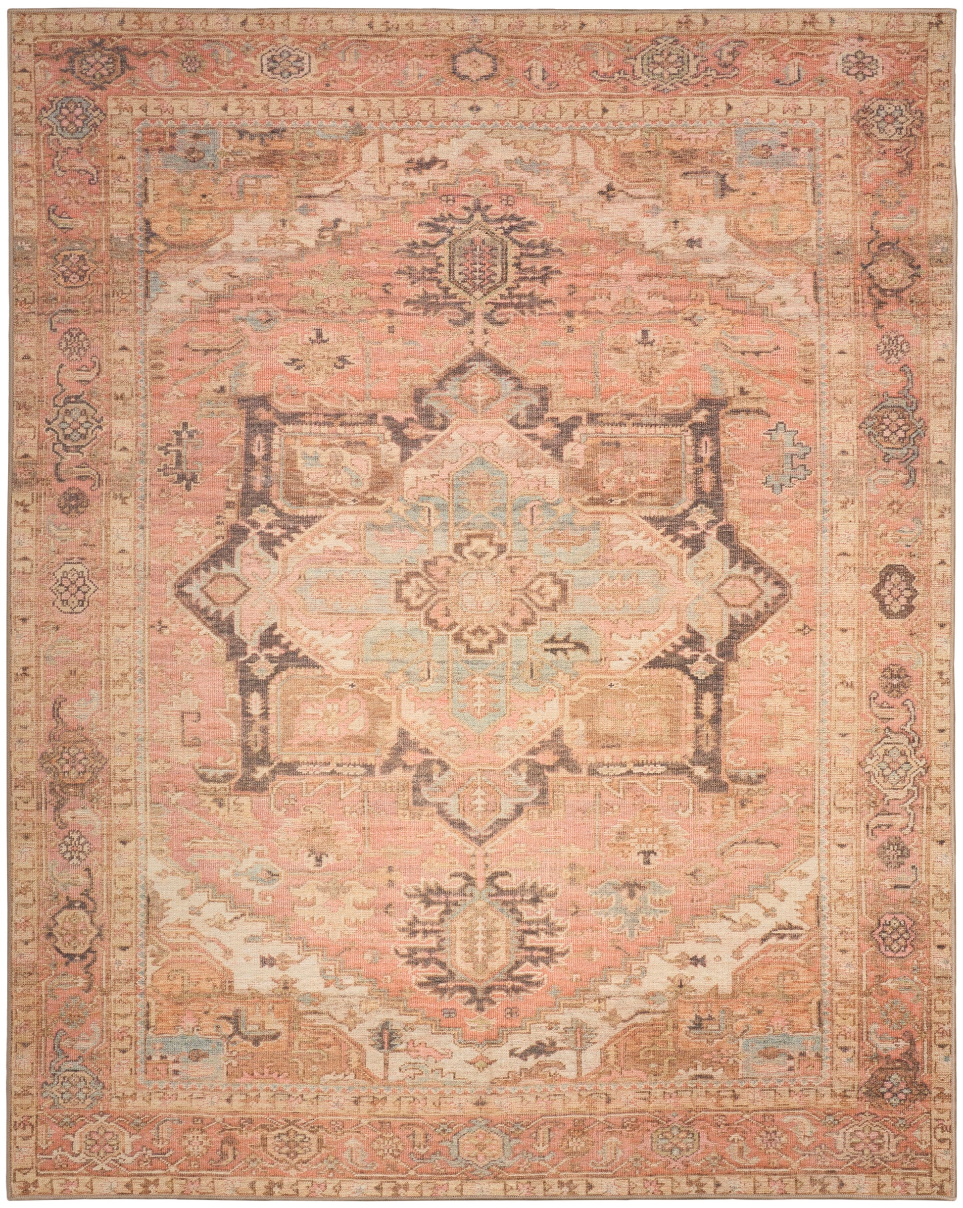 Peach-toned Persian-style area rug with central medallion, distressed vintage look, cream and blue accents, ornate border.