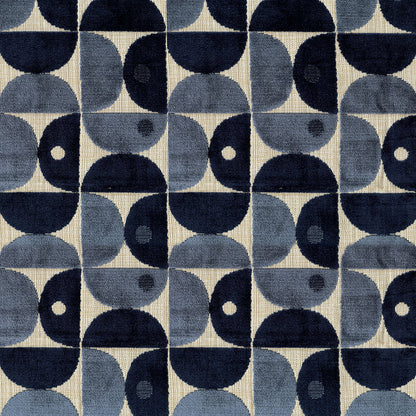 Geometric velvet fabric with overlapping navy and gray semicircles forming a repeating arc pattern on a cream background.