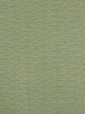 Teal upholstery fabric with repeating gold wavy chain pattern; jacquard-like weave, textured and decorative.