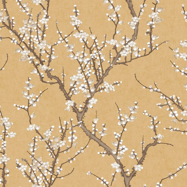 Beige wallpaper featuring dark brown flowering branches with white blossoms in a botanical pattern.