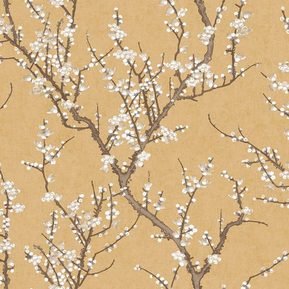 Beige wallpaper featuring dark brown flowering branches with white blossoms in a botanical pattern.