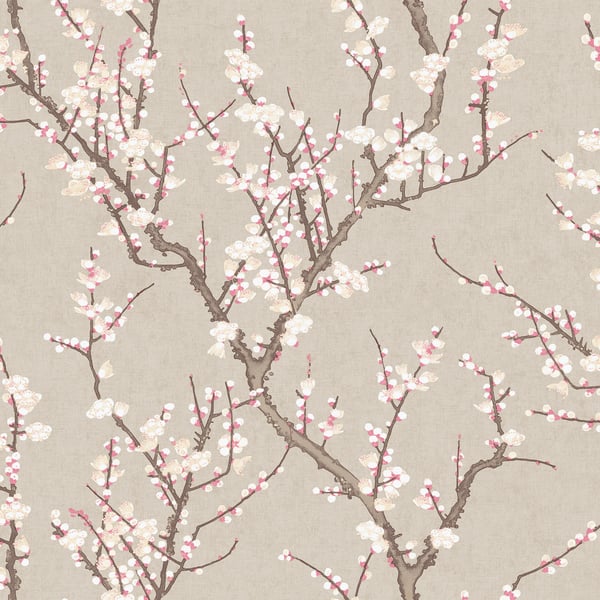 Beige wallpaper with brown cherry blossom branches and pink and white blossoms.
