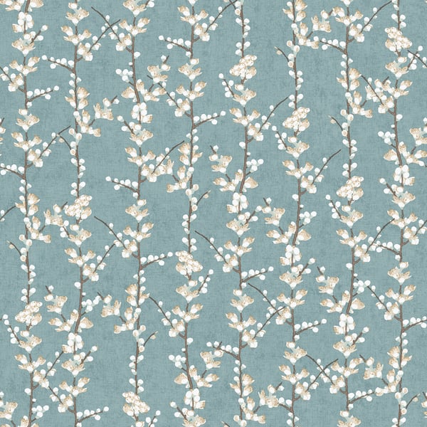 Blue wallcovering featuring delicate white flowering branches in a botanical print.