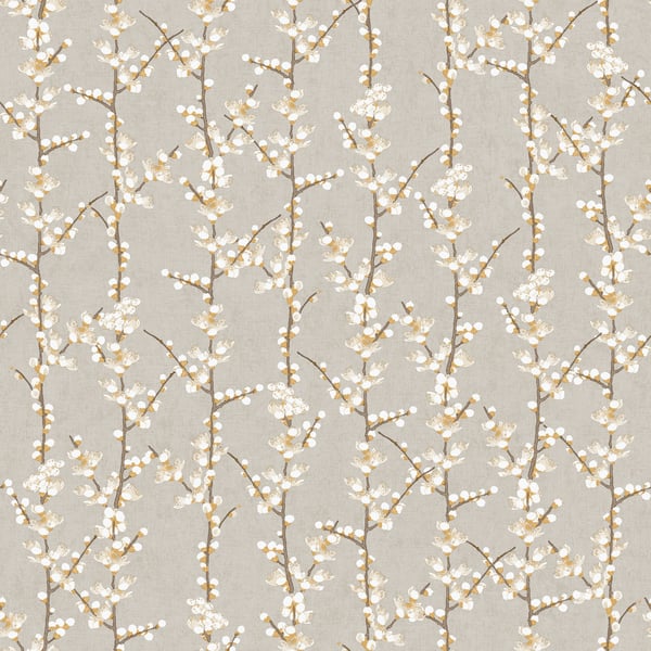 Beige wallpaper with delicate brown branches and tiny white blossoms in a vertical botanical pattern.