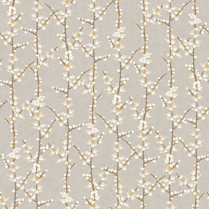 Beige wallpaper with delicate brown branches and tiny white blossoms in a vertical botanical pattern.