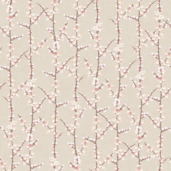 Beige wallpaper with delicate pink blossoms on brown branches; a repeating floral pattern.