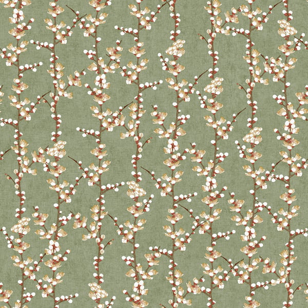 Green wallcovering with a repeating botanical pattern of pussy willow branches, brown stems and white catkins.