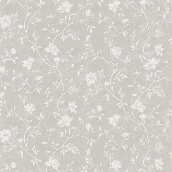 Beige-gray wallpaper with delicate white floral vines and blossoms in a soft botanical pattern.