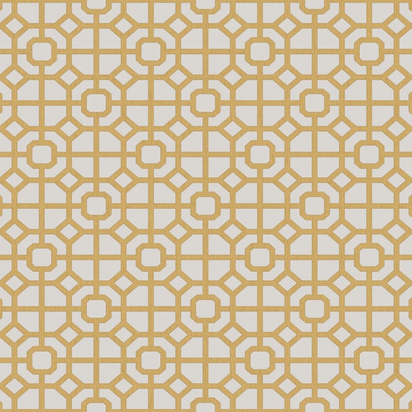 Gold geometric lattice wallpaper with interconnected circles and diamonds on a light beige background.