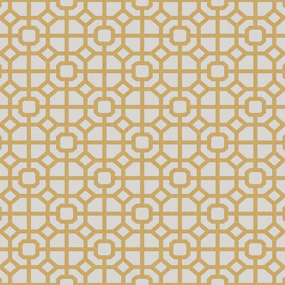 Gold geometric lattice wallpaper with interconnected circles and diamonds on a light beige background.