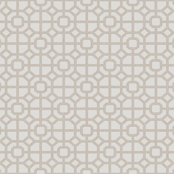 Beige geometric lattice wallpaper with interlocking octagons and circles on a cream background.