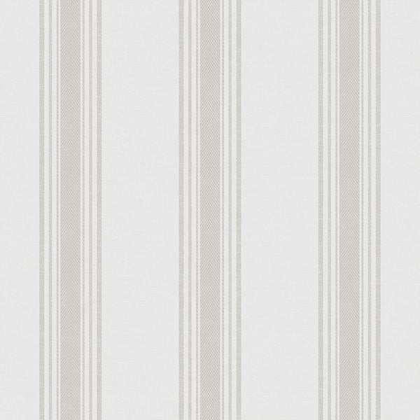 Beige striped wallcovering with vertical bands in varying widths.