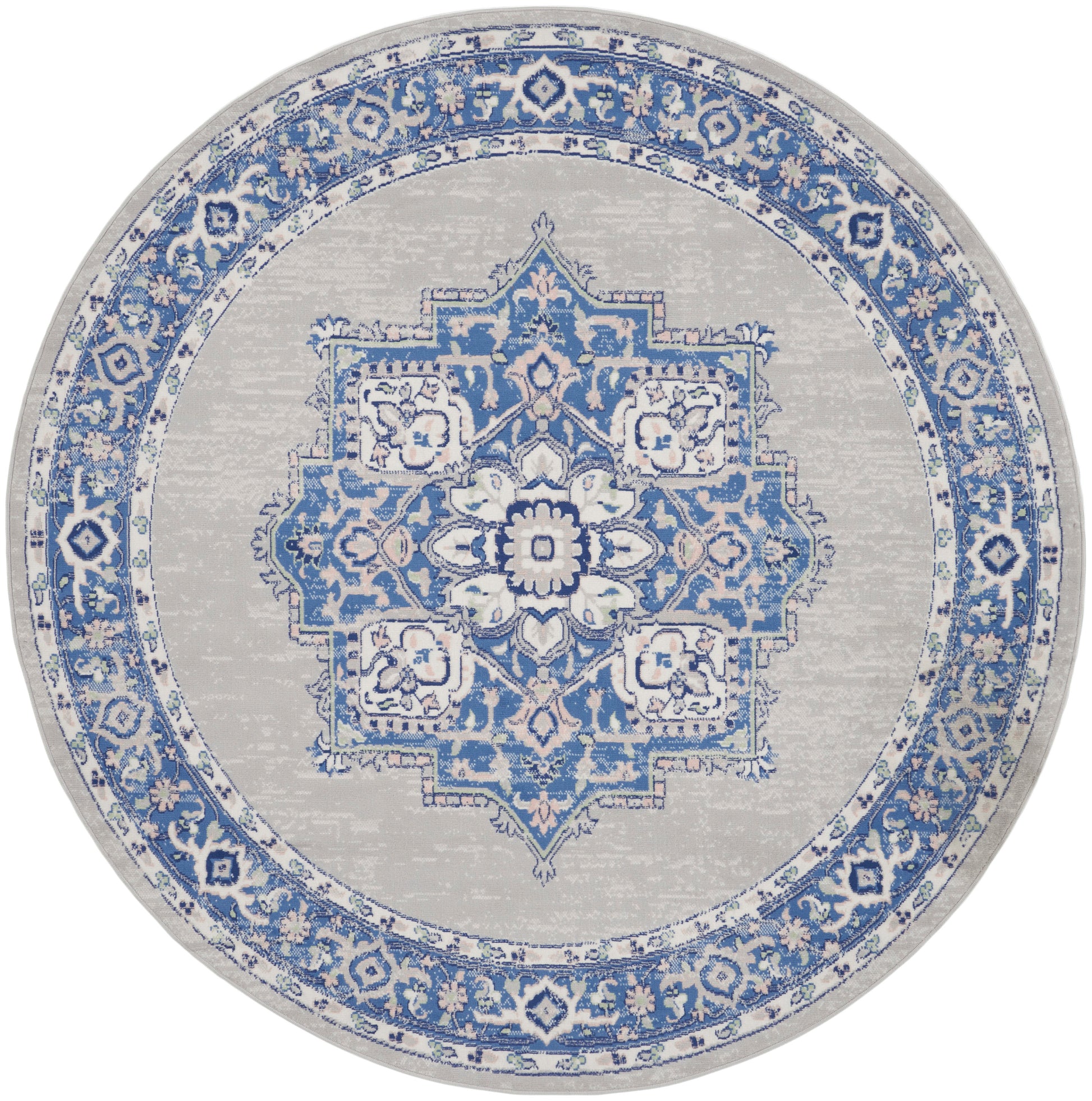 Round rug in blue and ivory-gray with ornate central medallion and floral border, Persian-inspired design.