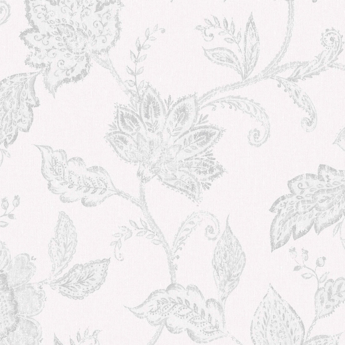 Light gray damask floral wallpaper with ornate vines and leaves for walls.