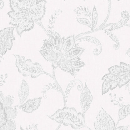 Light gray damask floral wallpaper with ornate vines and leaves for walls.
