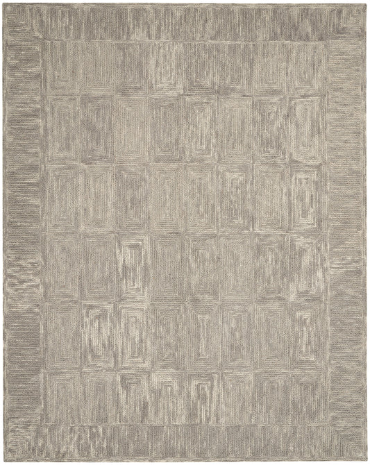 Beige-gray textured area rug featuring a grid of rectangular, maze-like motifs and a wide border.