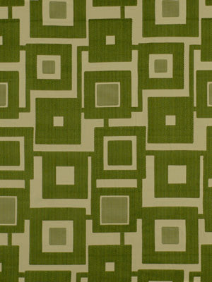 Green fabric with a retro geometric pattern of nested squares in olive and beige; versatile upholstery textile.