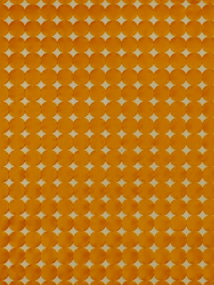 Bright tangerine drapery fabric with evenly spaced circular dots forming a white diamond lattice pattern.