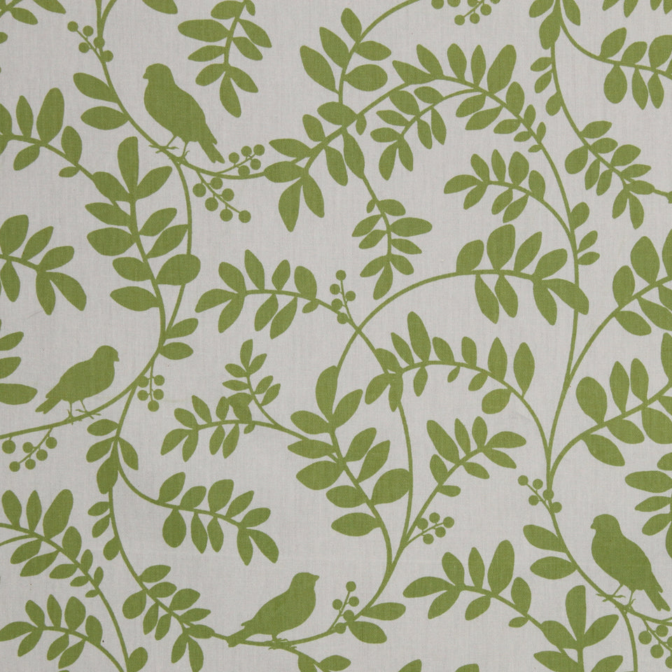 Olive-green botanical vine pattern with small birds on light beige linen background.